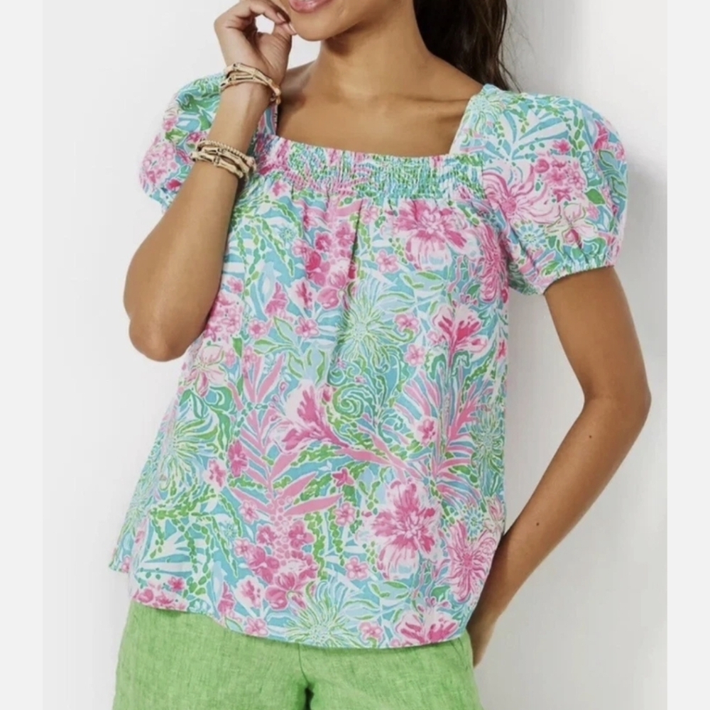 Lilly Pulitzer Keating Linen Pink & Aqua Puff-Sleeve Square Neck Top SZ.1O